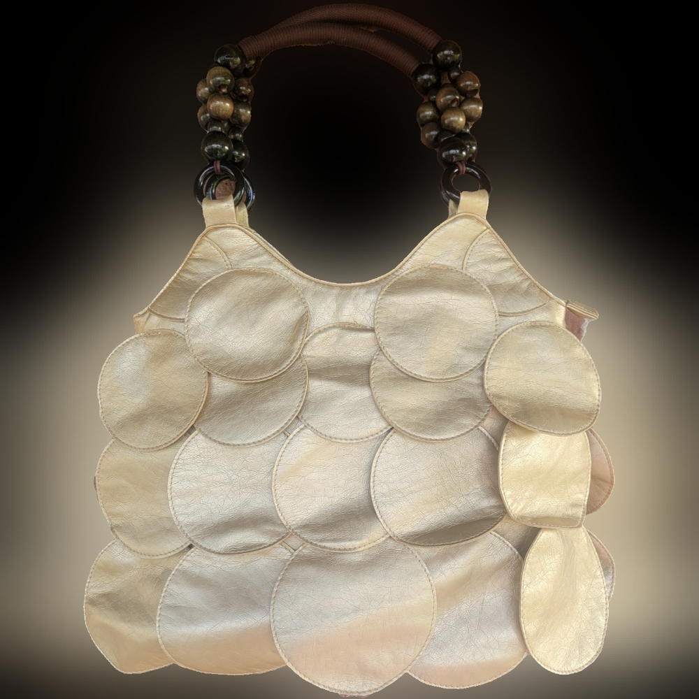 Vintage Gallantry Gold Leather Coin Beaded Handle Handbag EUC